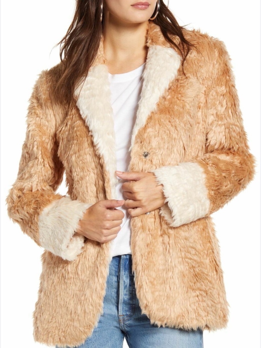 Mural Faux Fur Tan and Cream Jacket - Women’s Plush Coat